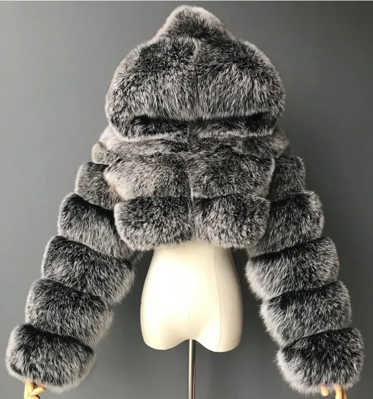 Jesienne futrzane kurtki ze sztucznego futra Kurtki damskie Puszysty płaszcz z kapturem Prosta krótka zimowa kurtka futrzana Moda Streetwear Nowość