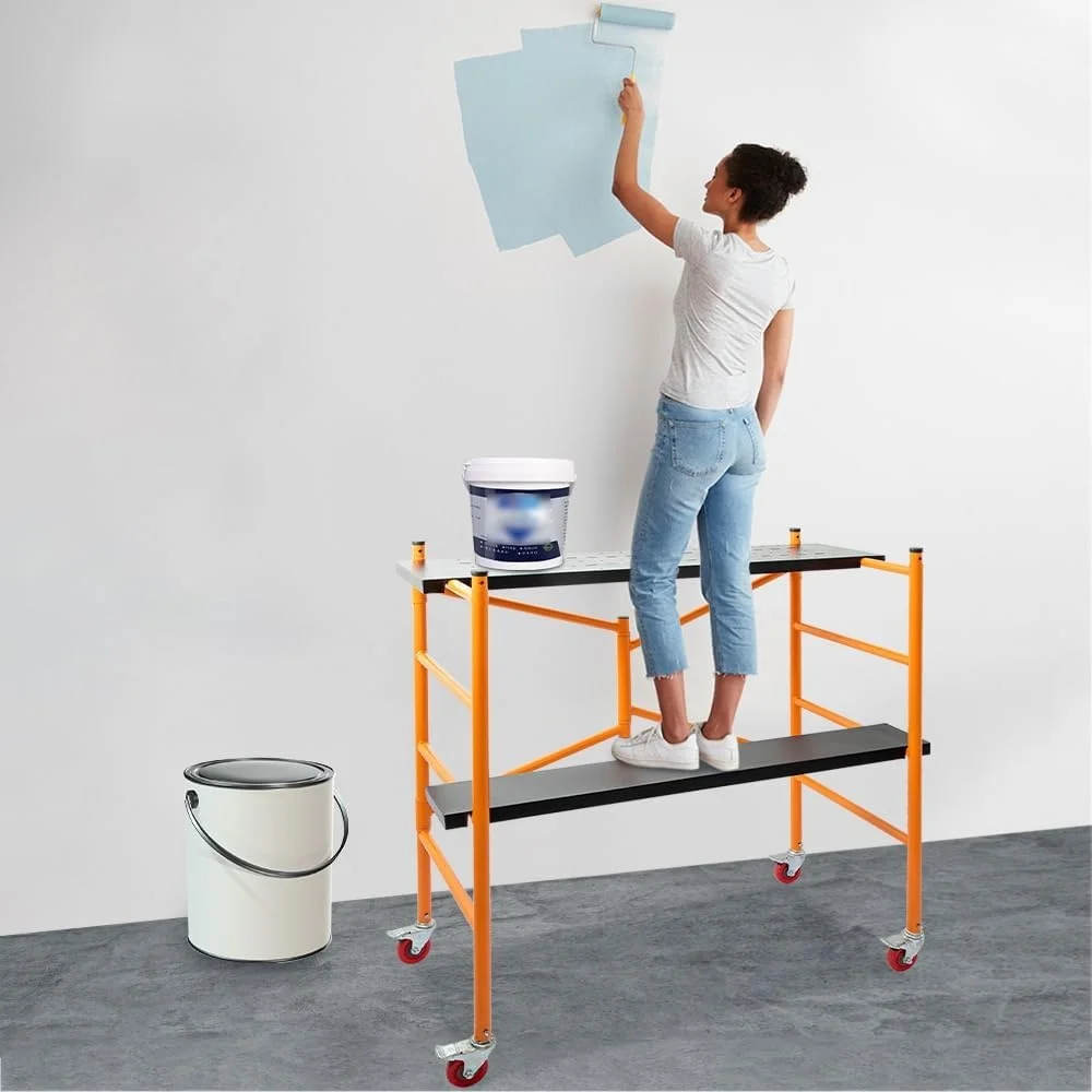 Multi-Purpose Scaffolding Platform Portable Rolling Steel Ladder 800lbs Capacity Locking Wheels Adjustable Height DIY Projects