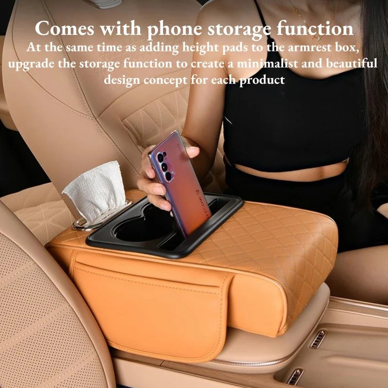 Car Center Console Armrest Cushion Thicken Arm Rest Box Pad Side Extension Cushion with Cup Holder Tissue Box Organizer Bag