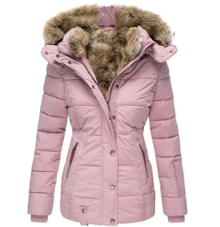 Manteau d'hiver chaud en coton à col en laine pour femme, fermeture éclair, manches longues, coupe cintrée, manteau en coton à capuche
