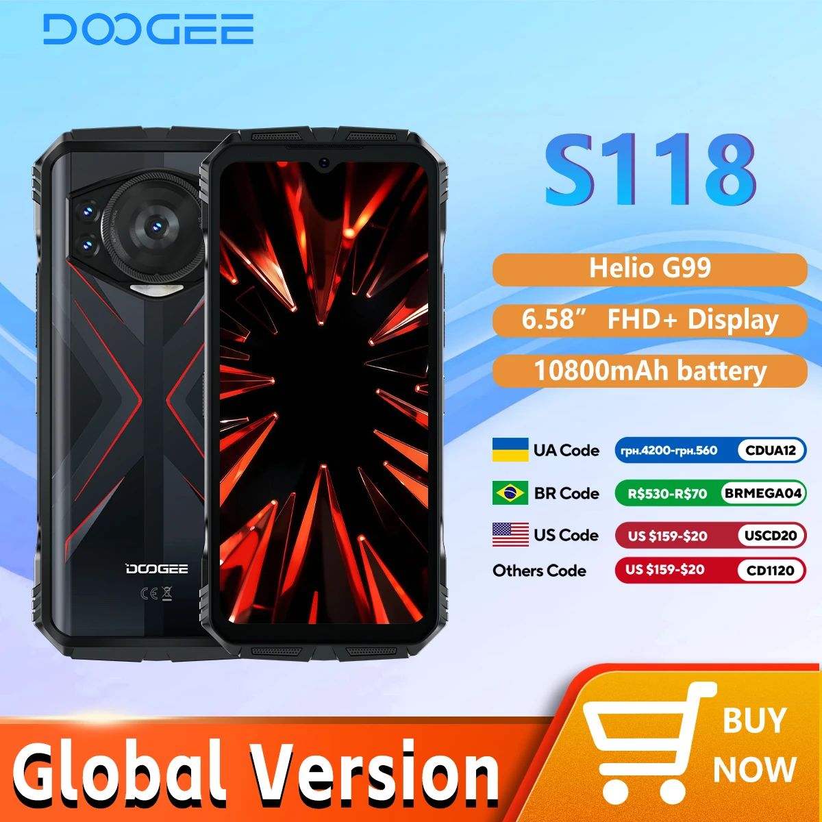 DOOGEE-S118 Smartphone robusto, 20GB, 8 GB, 12GB estendido, 6,58 "FHD + tela, Helio G99, 10800mAh, Câmera AI 50MP, NFC, Estreia Mundial