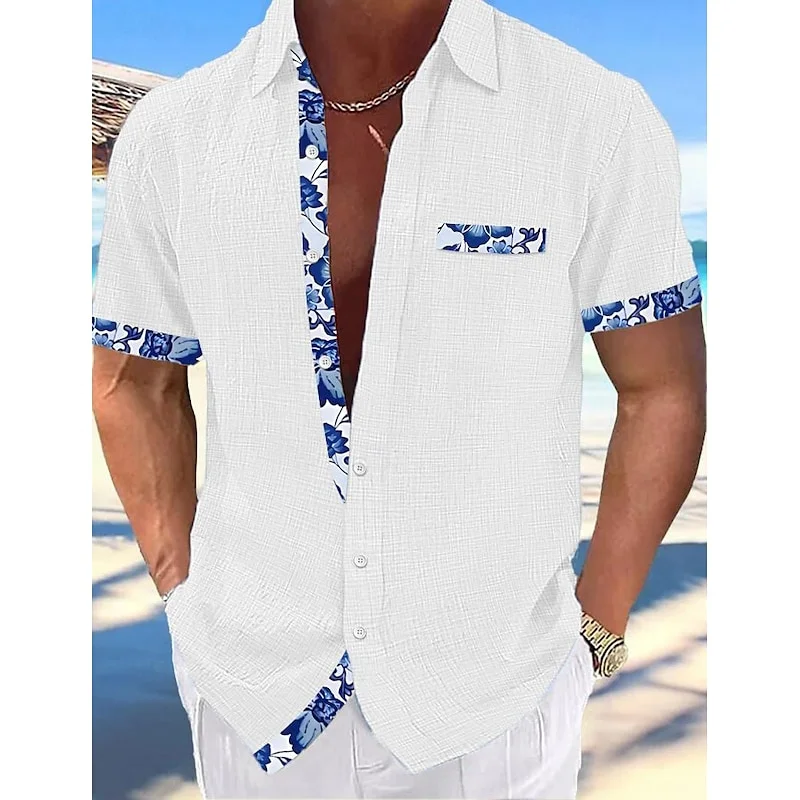 Herenoverhemd Linnen overhemd Zomershirt Strandkleding Overhemd met knopen Effen kleur Vakantie Zwart Wit Roze Marine Korte mouw Revers XS-5XL