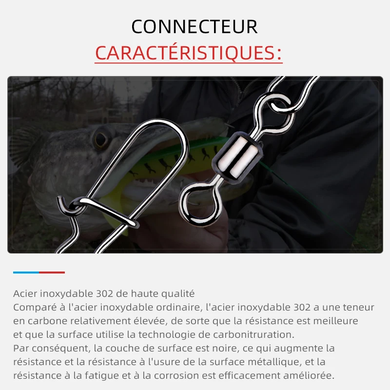 MEREDITH 50 pièces accessoires de pêche au brochet connecteur roulement à broche pivotant en acier inoxydable mousqueton hameçon leurre émerillons attirail