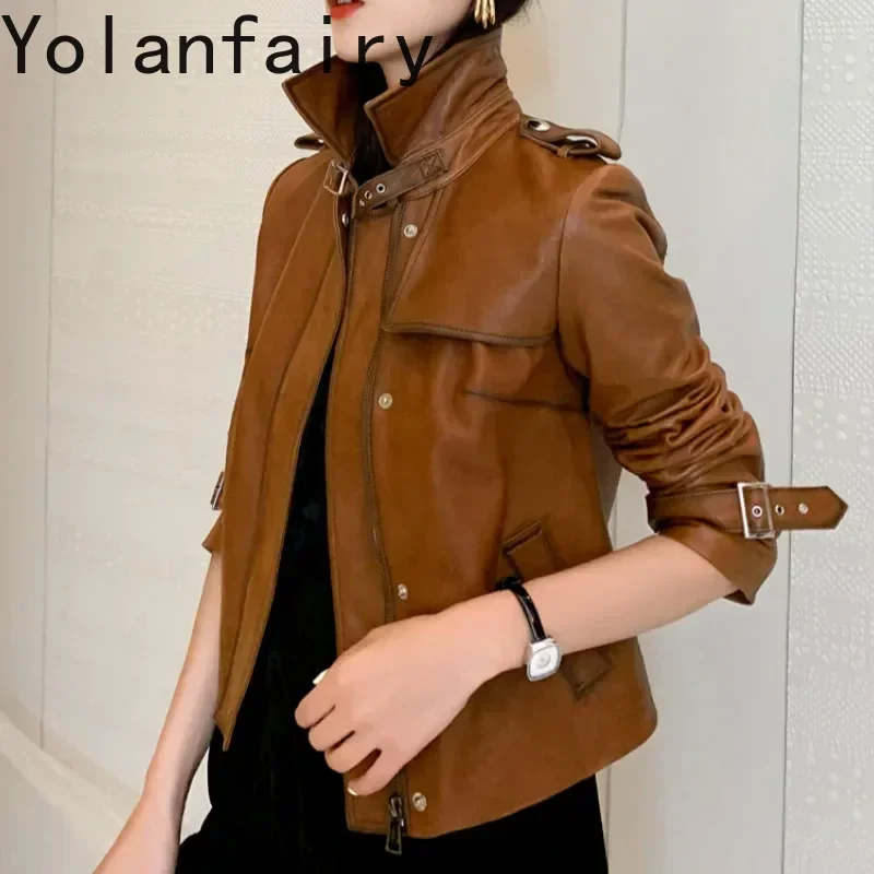 Chaqueta de cuero genuino Real para mujer, abrigo de piel de oveja Vintage, chaqueta de motociclista ajustada corta para primavera y otoño, M7548 YY1793