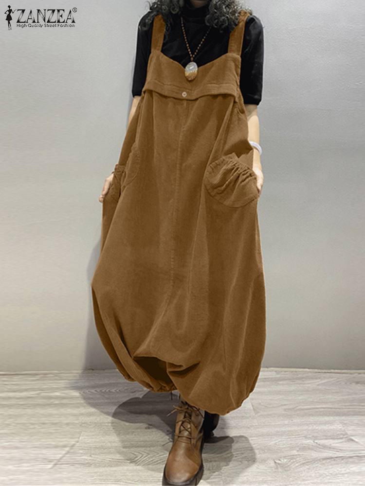 Mulheres outono veludo macacão moda suspensórios zanzea vintage perna larga macacões sólido gota-virilha macacão solto playsuits