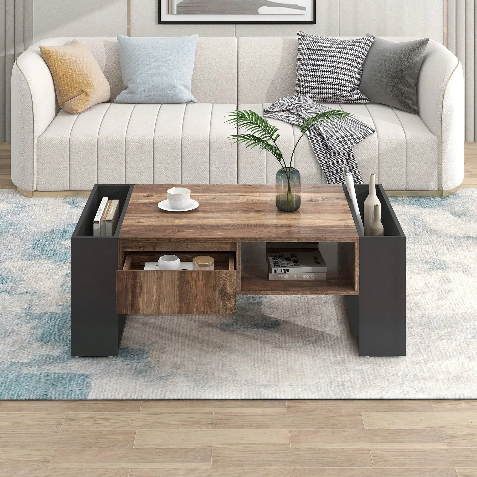 Mesa de centro de grão de madeira KOMHTOM, mesa lateral com prateleira dupla face, mesa de sala de estar com gavetas, espaço de armazenamento para quarto