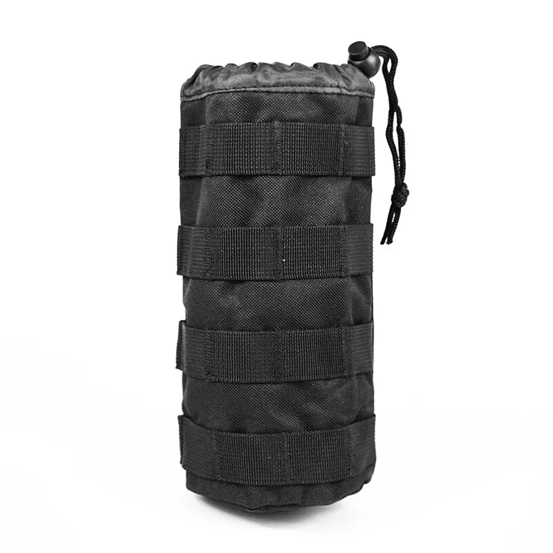 Taktische Wasserflaschentasche, multifunktional, für den Außenbereich, verstellbar, Kordelzug, Molly-System, befestigt an andere Ausrüstung, Nylon-Loch-Design, Schwarz