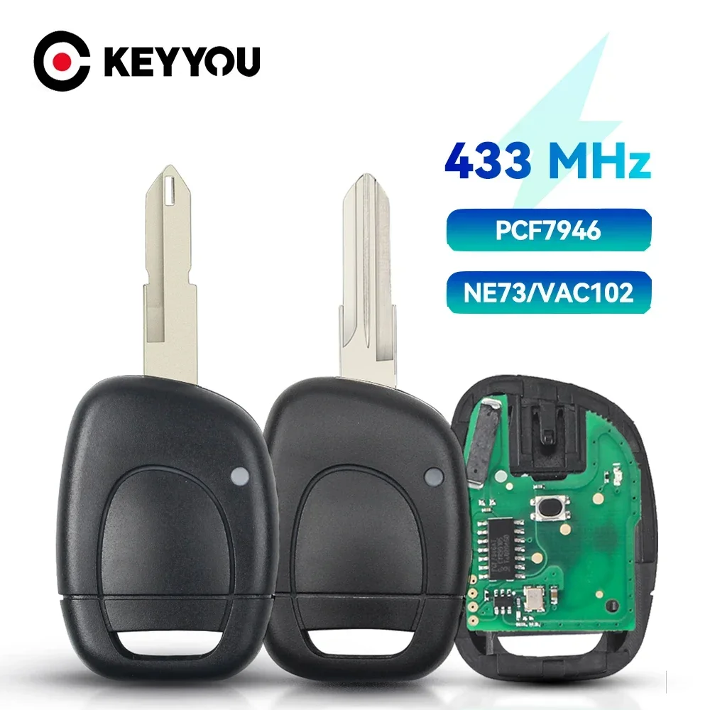 KEYYOU 1 botón para Renault Clio Master Twingo Kangoo 433Mhz llave remota de coche compatible con sin cortar NE73 VAC102 hoja ID46 PCF7946 Chip Shell