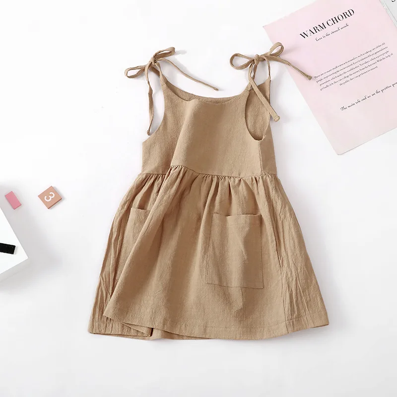 Vestido de playa de algodón sin mangas para niña pequeña de verano con bolsillo