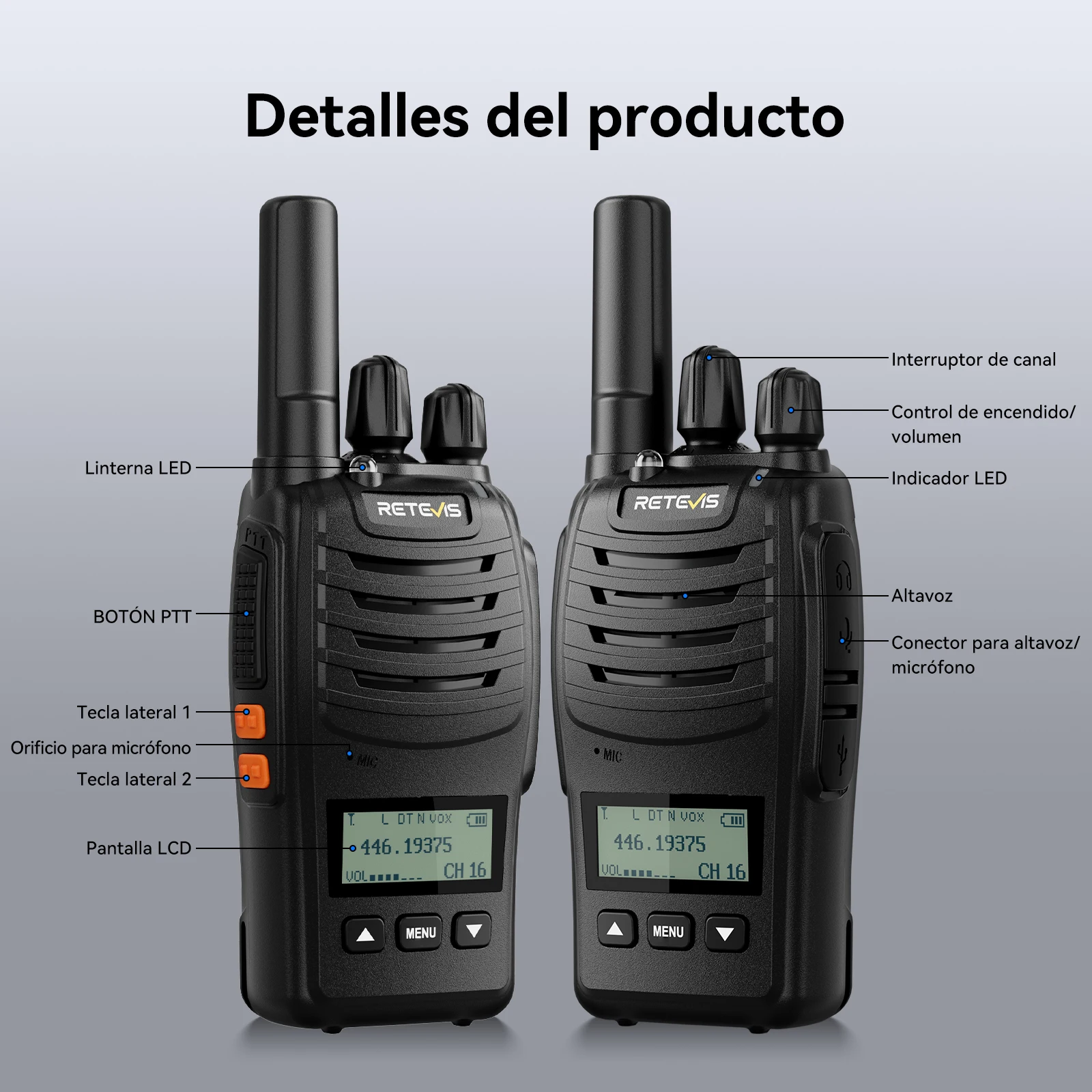 Retevis H777D (H777 mejorado) Walkie-talkie portátil con pantalla LCD, sin licencia, radio de largo alcance tipo C para camping