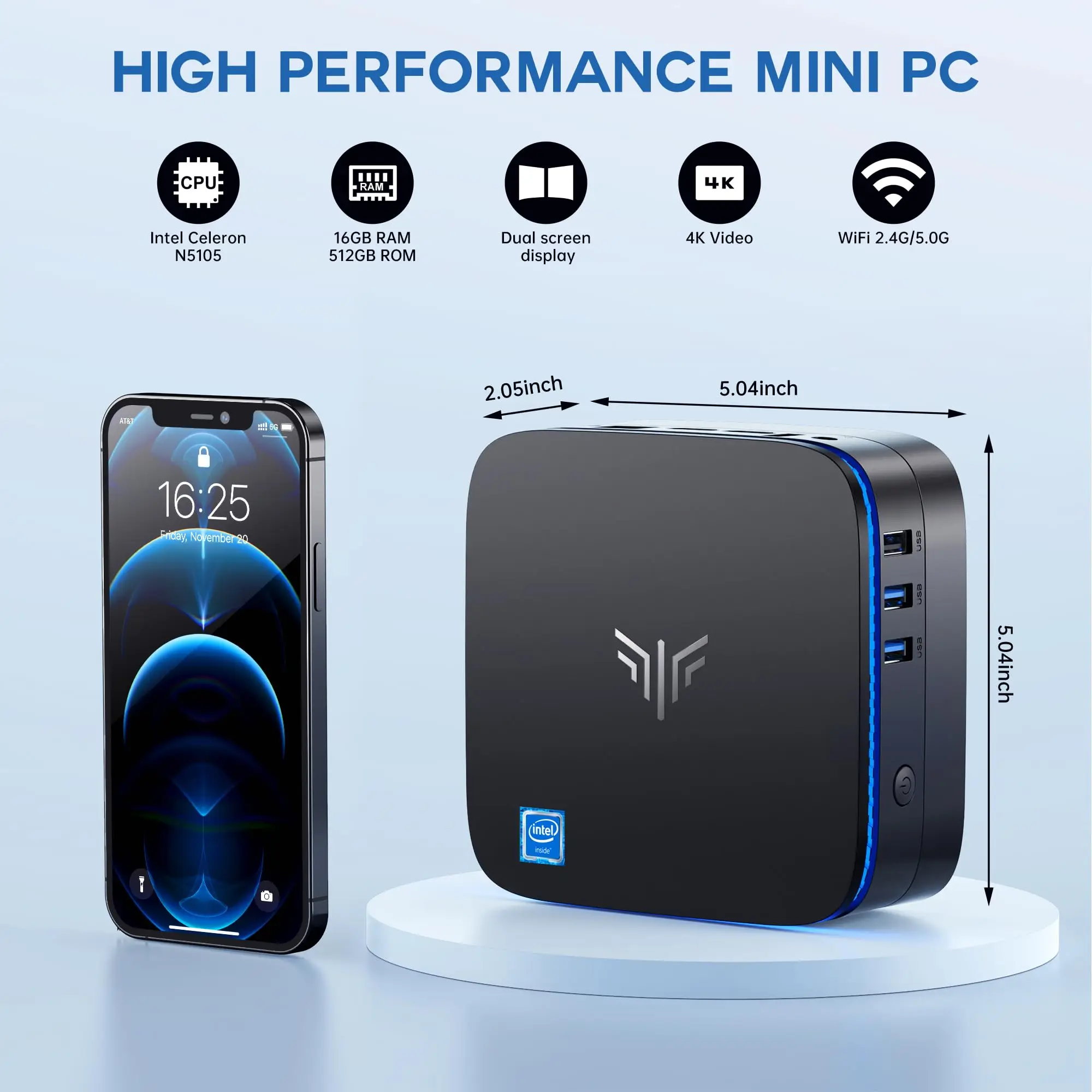 ACEMAGIC - Mini PC - Windows 11 Pro - Intel Celeron N5105 - 16 GB DDR4 512 GB M.2 SSD - 4K UHD - Bluetooth 4.2 - HDMI X 2