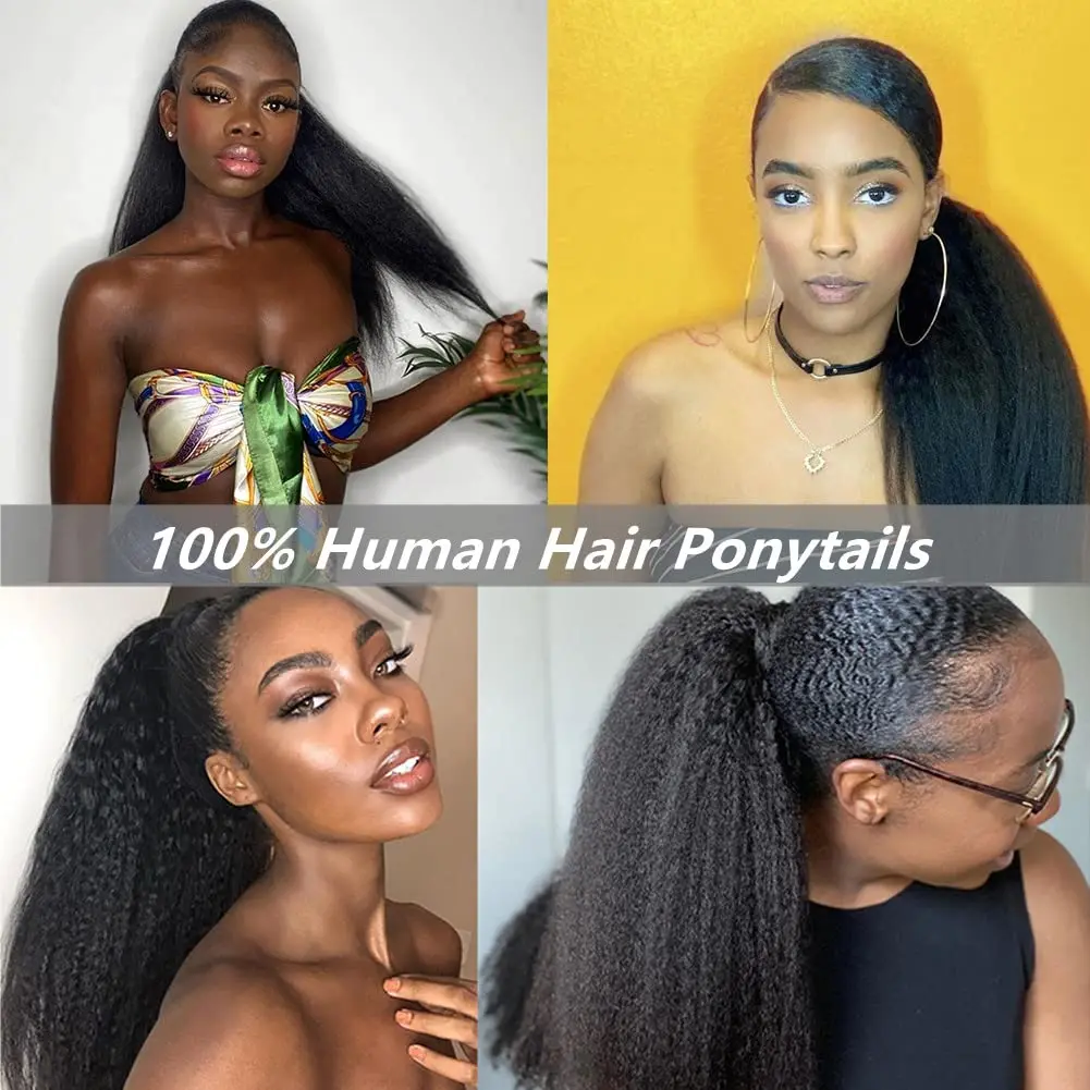 Extension de cheveux humains queue de cheval droite crépue 100g enrouler autour du clip en queue de cheval noir naturel # 1B Remy indien 10-26 pouces pour femmes