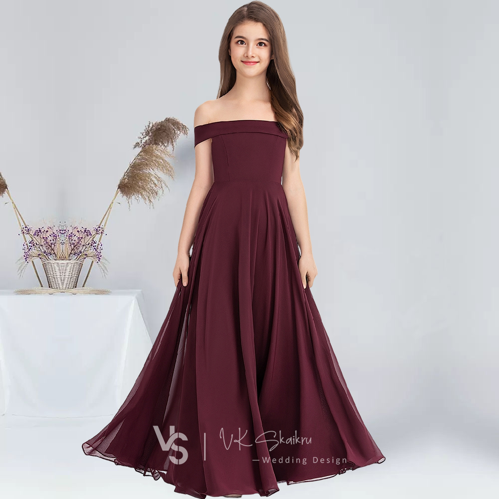 A-Linie, schulterfrei, bodenlang, Chiffon, Junior-Brautjungfernkleider, Cabernet, Blumenmädchenkleid, Hochzeit, Junior-Partykleid