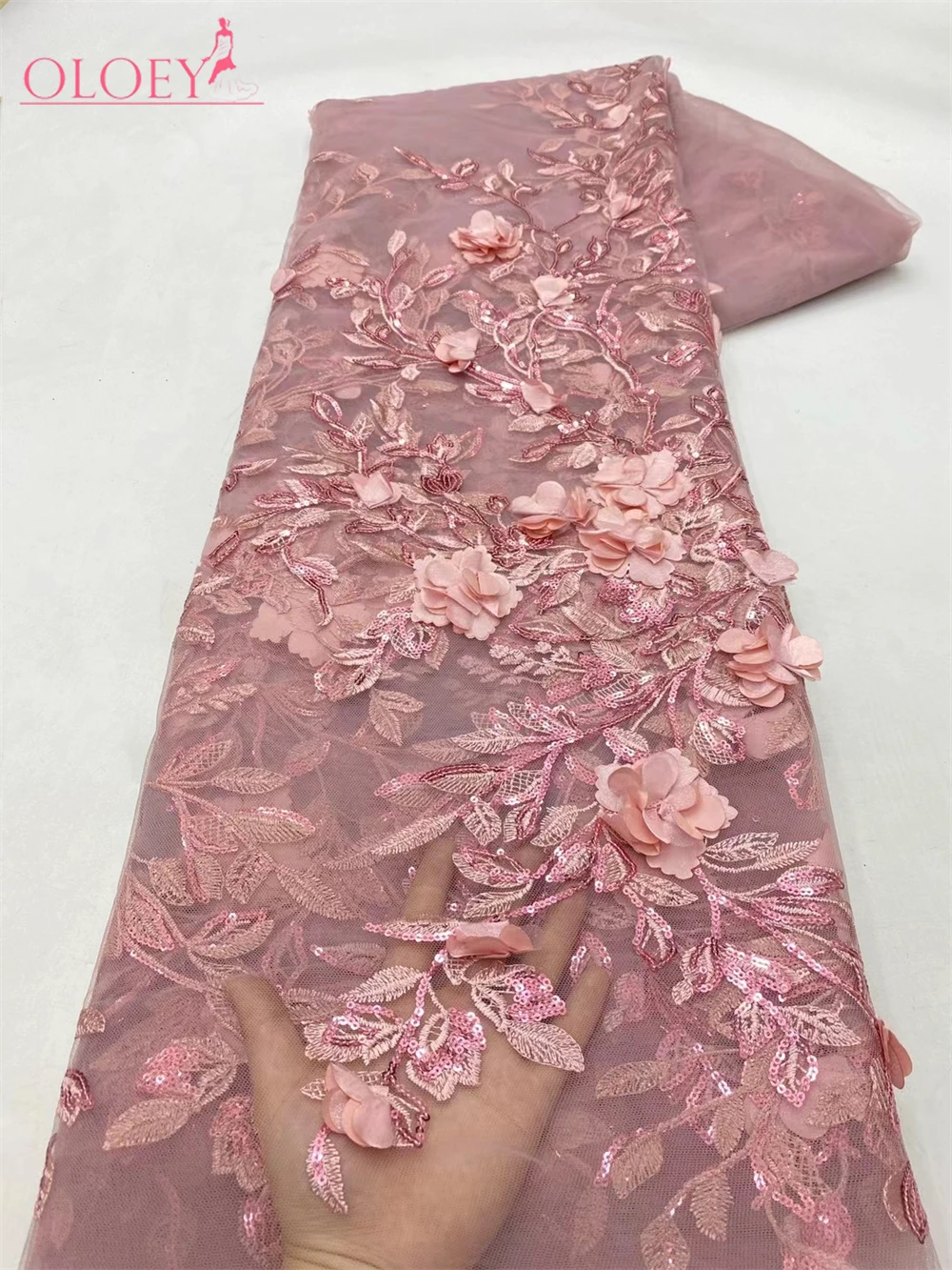 2024 mode Französisch Mesh 3D Blumen Stickerei Perlen Spitze Stoff Mit Pailletten Afrikanischen Nigerian Stoff Für Hochzeit Kleid