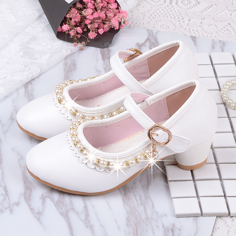 Princesa crianças sapatos de salto alto crianças vestido festa sapatos de couro do bebê meninas sapatos brancos enfants casamento para o presente da menina