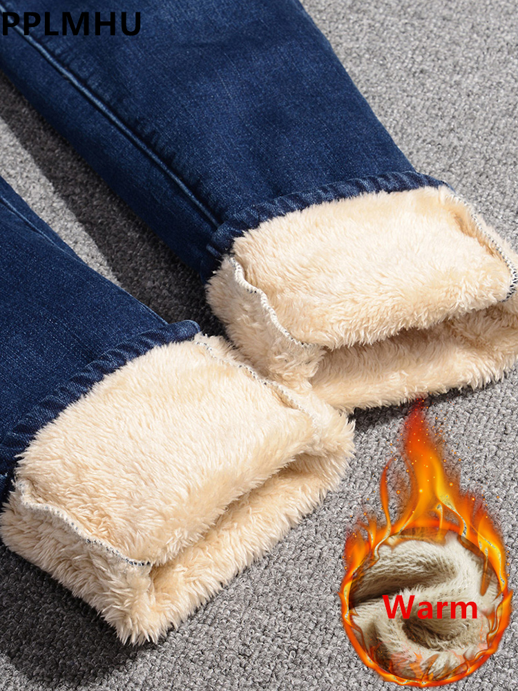 ฤดูหนาวกางเกงยีนส์ดินสอผู้หญิง Thicken Lamb Fluff Skinny DENIM กางเกงเอวสูง Lambswool เรียงรายยืด Vaqueros ขนาดใหญ่ 34 Jean