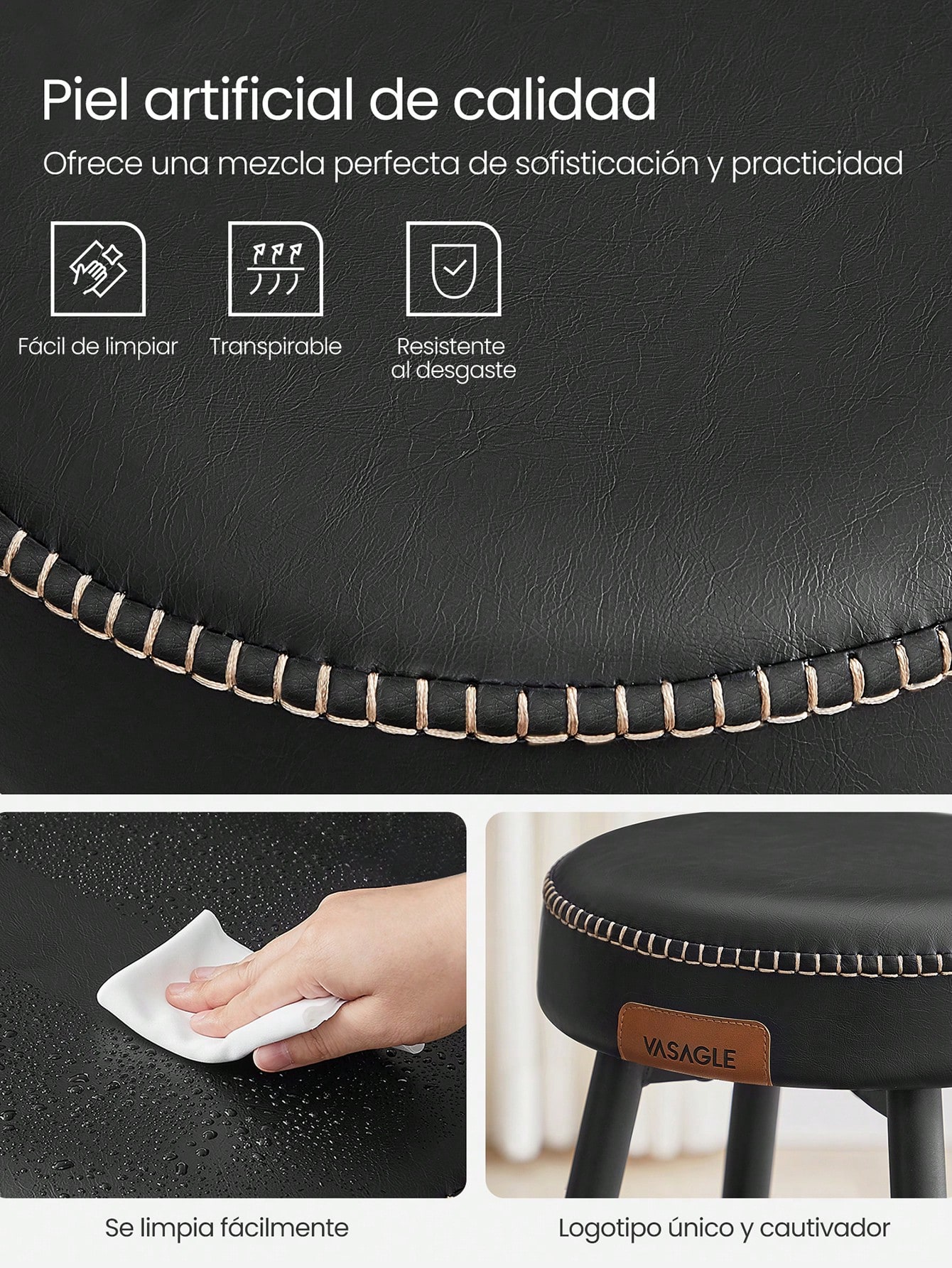 VASAGLE EKHO Colección - Juego de 2 Taburetes de Bar, Taburetes de Cocina, Taburetes de Desayuno, Cuero Sintético con Costuras, 76,2 cm de Alto, Silla Comedor, Fácil Montaje, Negro Tinta/Verde Bosque/Marrón Caramelo