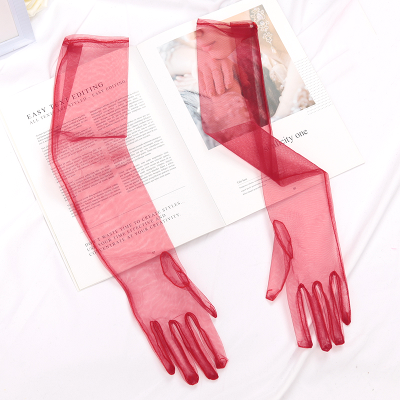Guantes largos de tul transparente, manoplas elásticas ultrafinas con dedos completos, codo de malla, guantes de novia para boda, protector solar transparente, guante Vintage