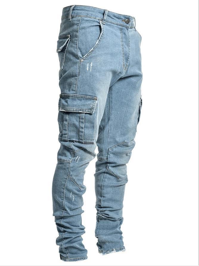 Männer Jeans Bleistift Hosen Cargo Denim Solide Knöchel Länge Waschen Taschen Mittlere Taille Mantel Schlank Leichte Strech High Street 2024