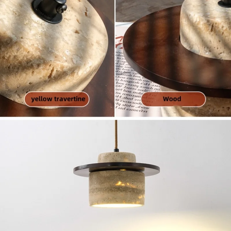 IWHD Saklar Rantai Tarik Lampu Dinding LED Perlengkapan Dapur Restoran Batu Travertine Kuning Kayu Lampu Samping Tempat Tidur Modern Nordic Tempat Lilin