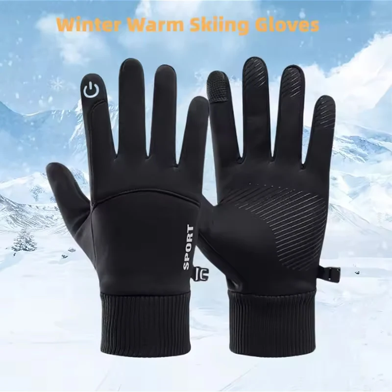 Guantes negros de invierno cálidos con dedos completos impermeables para ciclismo deportes al aire libre correr motocicleta esquí pantalla táctil guantes de lana