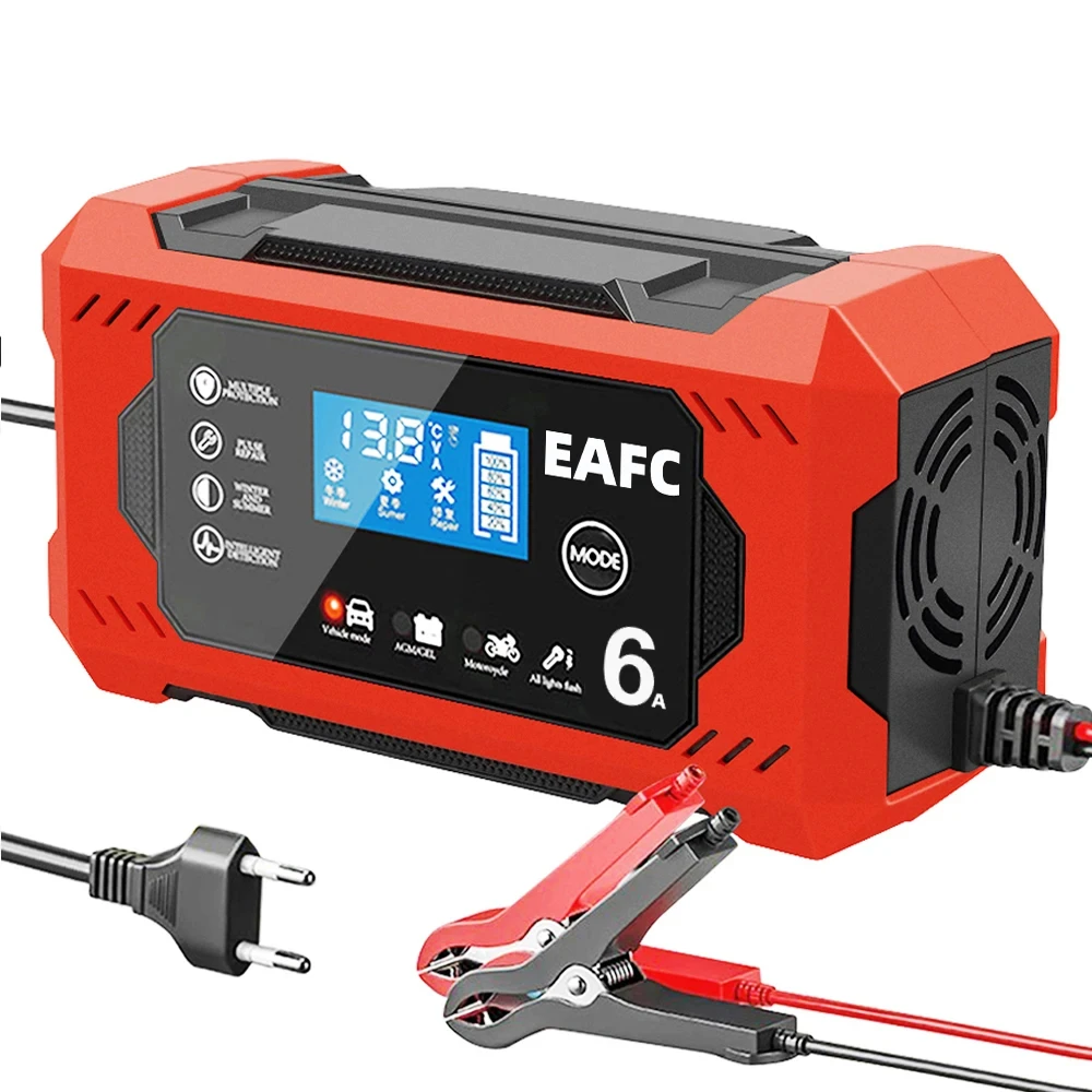 Cargador de batería de coche, 12V, 6A, carga rápida inteligente, tipo de reparación de pulso, parada automática, modo Dual, plomo ácido para motocicleta y camión