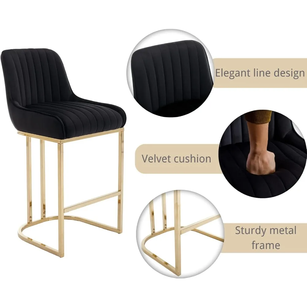 Modern Counter Height Bar Stools Set of 2 Comfortable Velvet Upholstered Breakfast Barstools with Back and Gold Base