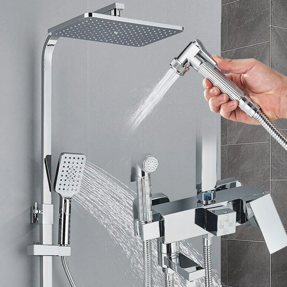 Chrom Messing Dusch armatur Set Regen Badewanne Wasserhahn mit Bad Regal 4 Funktion Höhe einstellen Dusch mischer Kran schnell delivey