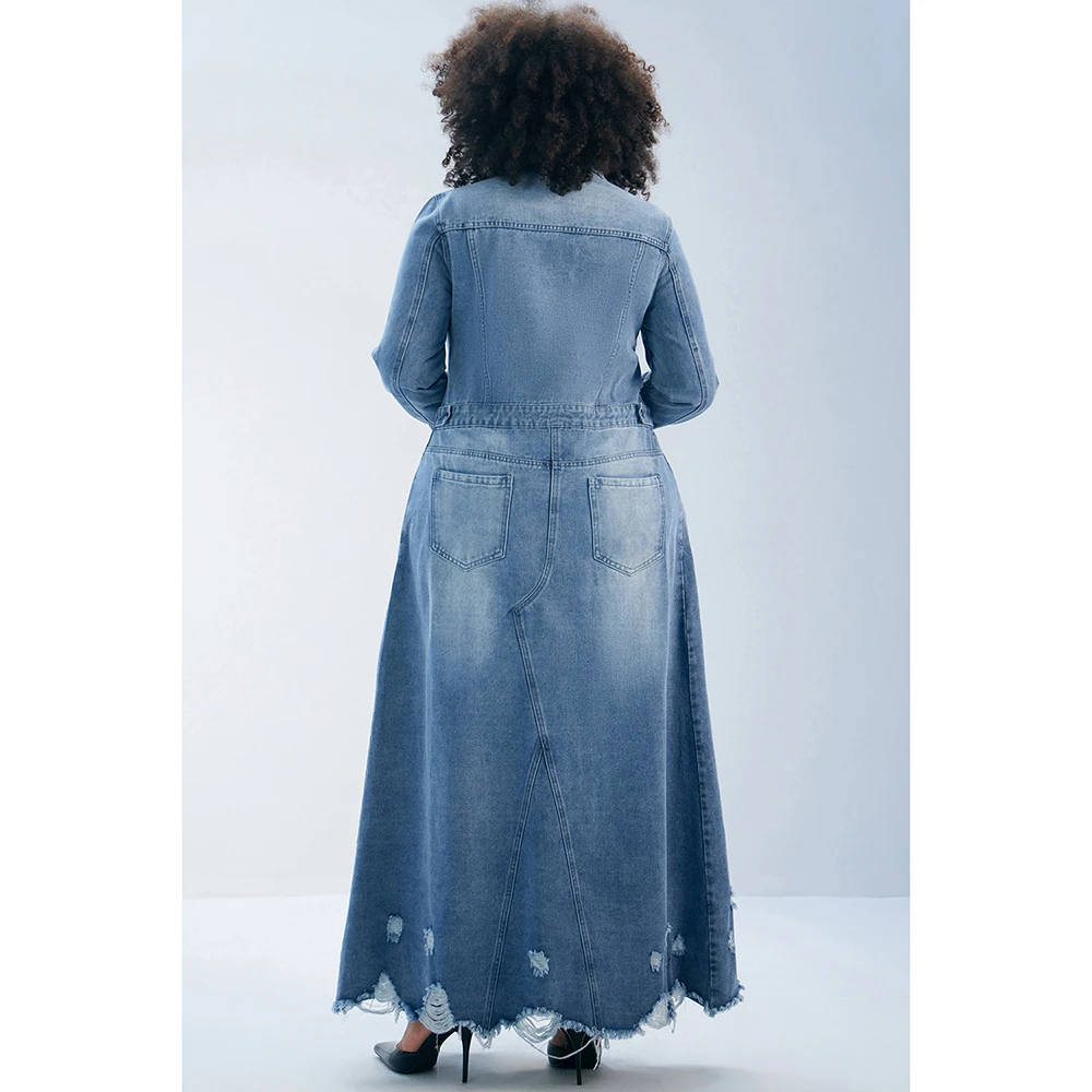 Abrigo largo informal de talla grande para mujer, azul claro, Cuello de camisa, rasgado, ajustado, Denim, Otoño e Invierno