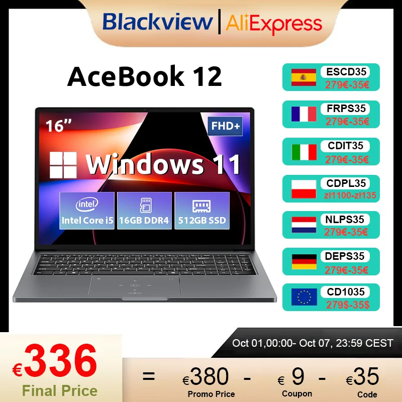 Blackview AceBook 12 laptop 16'' FHD IPS, Intel I5-1030NG7 Win 11 notebook, 16 GB RAM 512 GB SSD, 2-in-1 vingerafdruk-aan/uit-knop