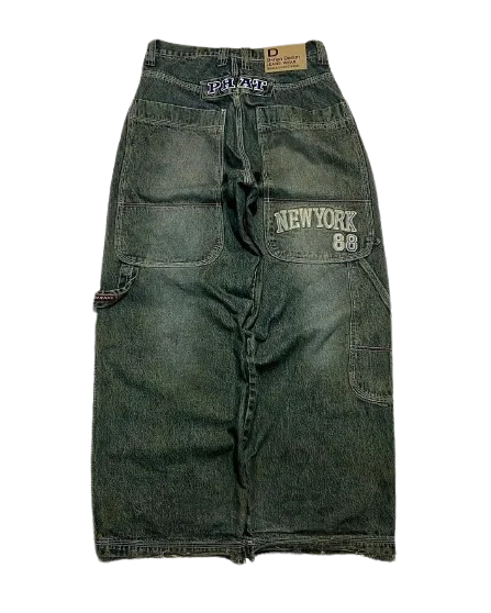 ストリート 90 年代ジーンズ Y2K ヒップホップレター刺繍クラシックレトロだぶだぶのジーンズパンツメンズレディースハイウエストワイドレッグパンツ