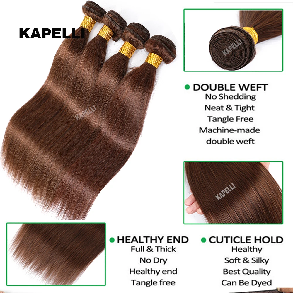 Paquete de tejido de cabello humano liso con cierre 4x4 13x4 mechones marrones brasileños frontales 3/4 100% extensión de cabello humano Remy