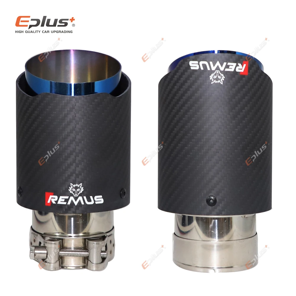 REMUS Car Matte Carbon Fiber Muffler Tip Exhaust System Pipe Mufflers Nozzle Universal Straight Stainless Blue Auto Parts