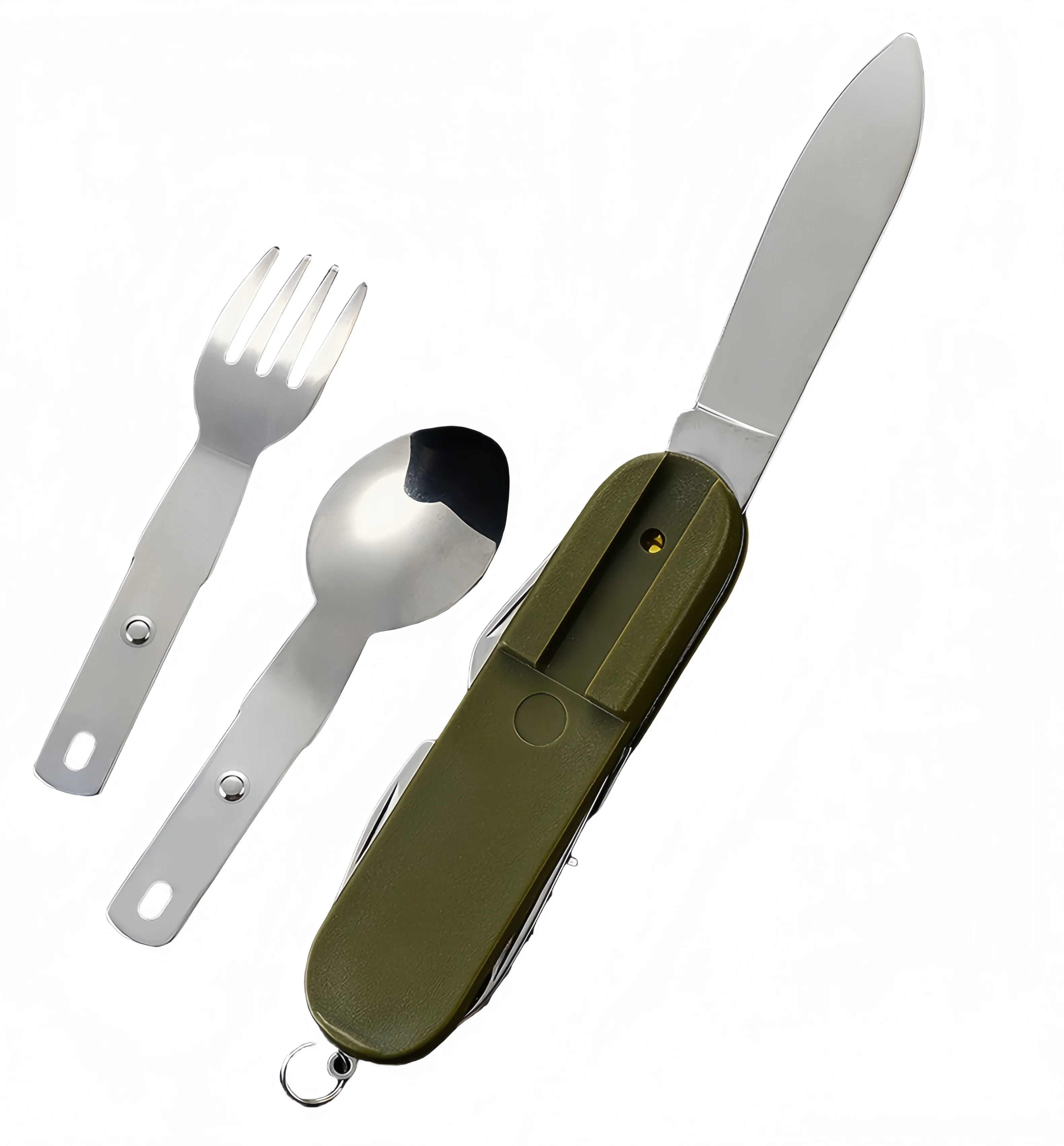 Outdoor 7-in-1 kampeeruitrusting Draagbare roestvrijstalen lepel, vork, mes, flesopener combinatieset Multifunctioneel EDC-gereedschap