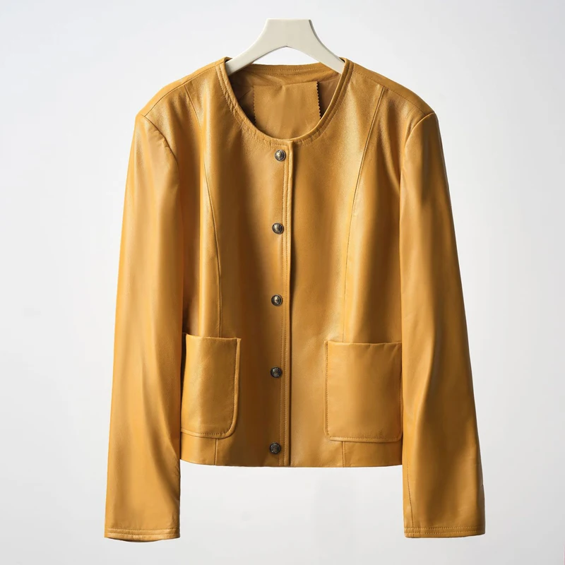 Hochwertige Damen-Echt lederjacke für Damen 2024 Herbst schicke Damen Einreiher-O-Ausschnitt-Vollarm-Schaffell jacke