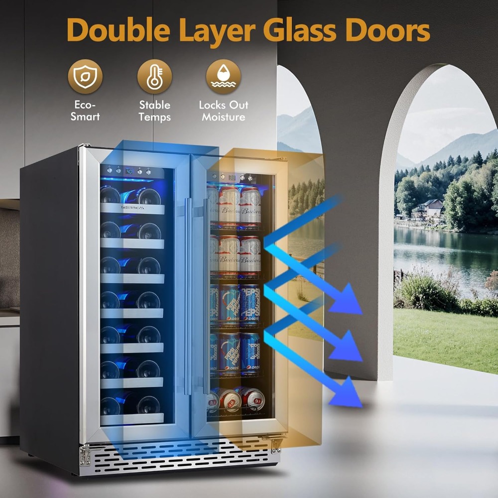 Wine and Beverage Refrigerator,24’’ Wine Cooler- 20 Bottles&78 Cans, Built-in/Freestanding Dual Zone Wine Fridge with Glass Door