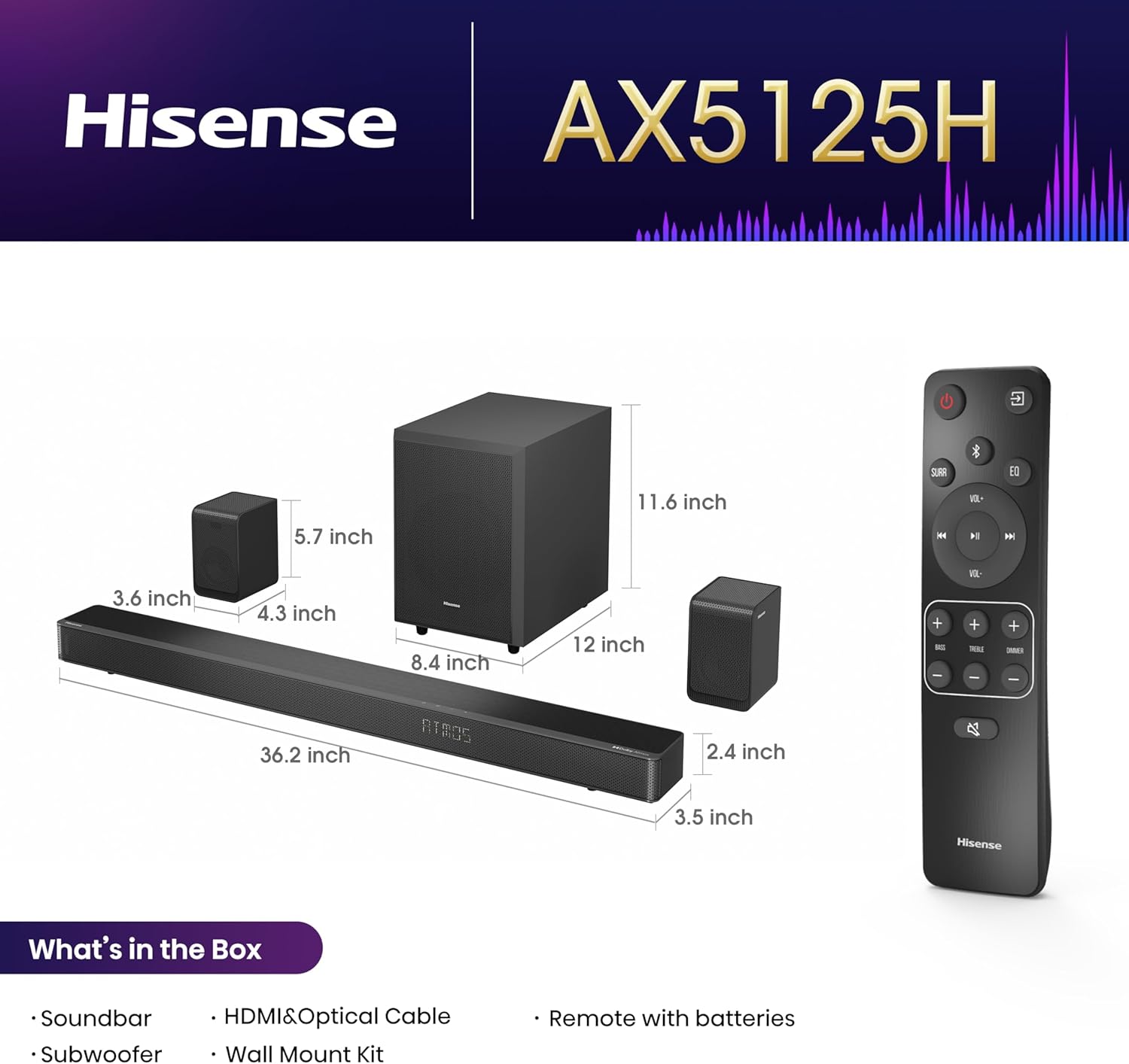 AX5125H 5.1.2Ch Sound Bar with Wireless Subwoofer, 500W, Dolby Atmos, Bluetooth 5.3, EzPlay, 4K HDMI Pass Through