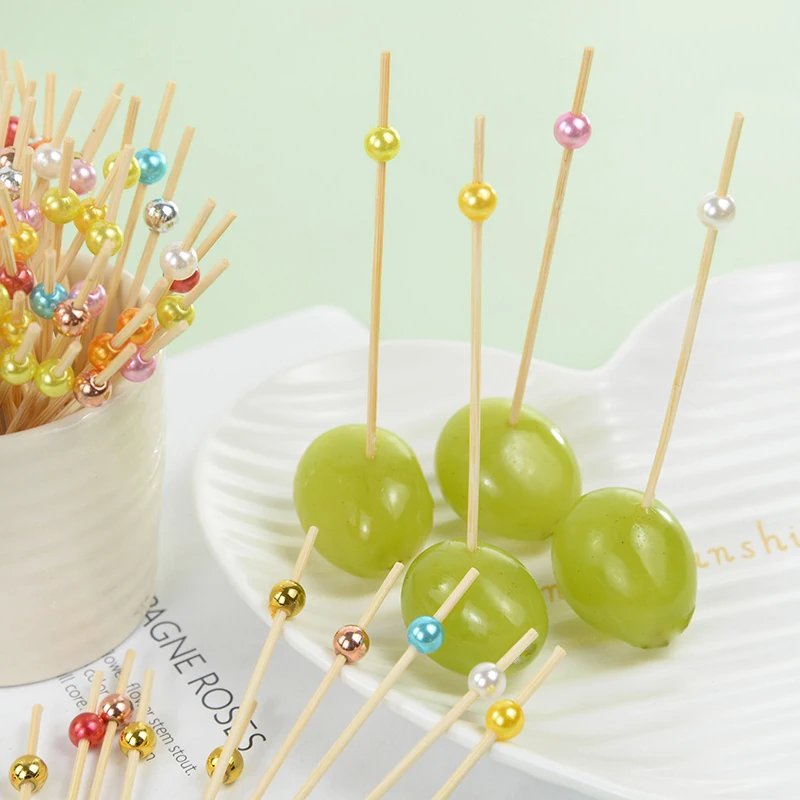 100 ชิ้นงานแต่งงาน Pearl Disposable Skewers อาหารผลไม้ไม้ไผ่ค็อกเทลบุฟเฟ่ต์เค้กไม้จิ้มฟันงานแต่งงานวันเกิด