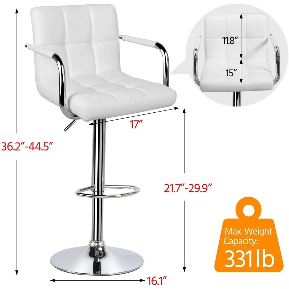 Tall Bar Stools Set of 2 Modern Square PU Leather Adjustable BarStools Counter Height Stools with Arms