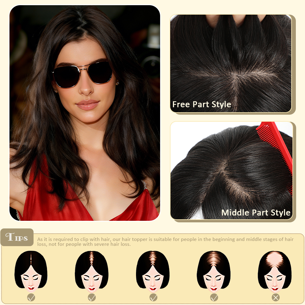 Dazzeal Base en soie Topper pour femmes naturel Europe Extensions de cheveux humains pince ins postiche droite Base en soie cheveux humains Toppers