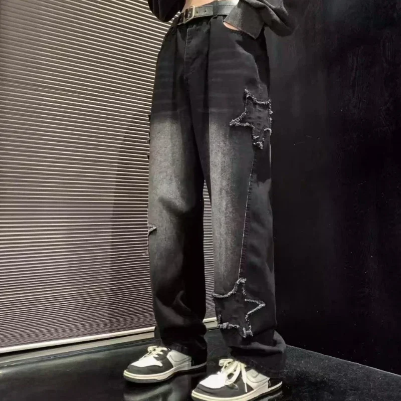 ดาวPatchworkกางเกงยีนส์ผู้ชายใหม่แฟชั่นY2Kพู่กางเกงเกาหลีเสื้อผ้าตรงHip Hop SplicingกางเกงชายStreetwear