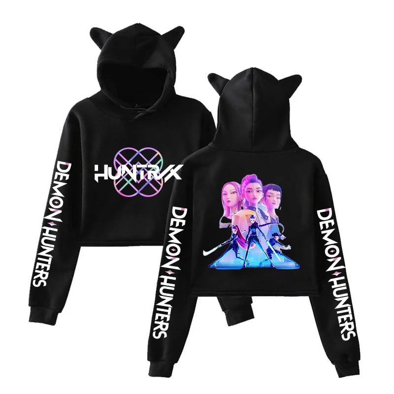 Nuevo Anime Kpop Demon Hunters estampado con capucha moda mujer chica sudadera recortada sudaderas con capucha Casual Tops Harajuku sudadera con orejas de gato