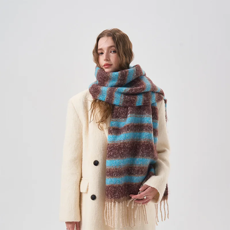 Lenço de Caxemira Listrado Grosso com Borla, Arco-íris Colorido, Kawaii, Quente, Soft Lovers Acessórios, Inverno