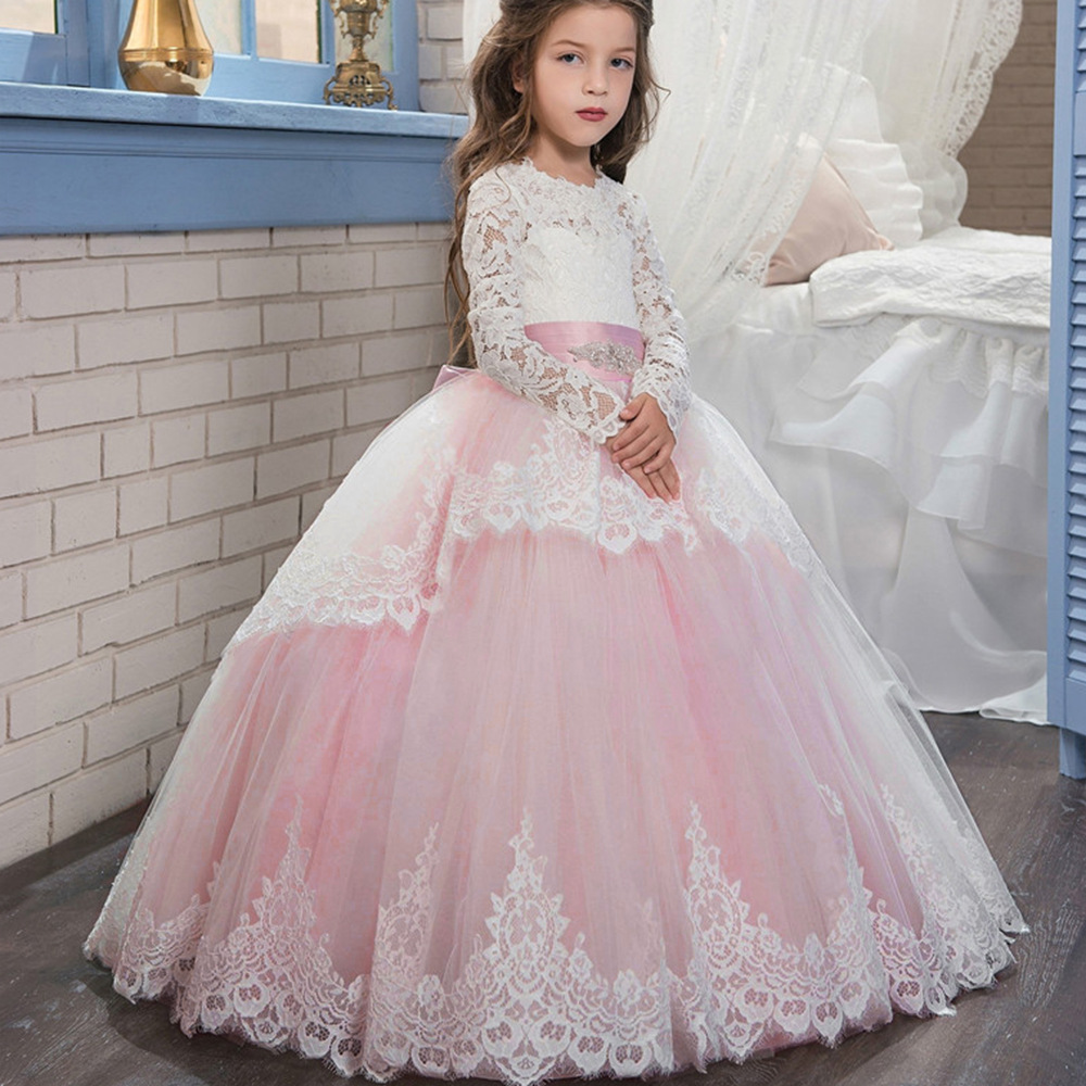 Süße Spitze Blumenmädchenkleider mit langen Ärmeln O-Ausschnitt formelles Kleid für kleine Mädchen Hochzeitsgastkleid Geburtstagsparty-Kleider