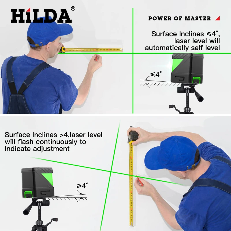 HILDA 2-Linien-Laser-Nivelliergerät, selbstnivellierender Laser mit grünen Strahlen, horizontale und vertikale Kreuzlinie