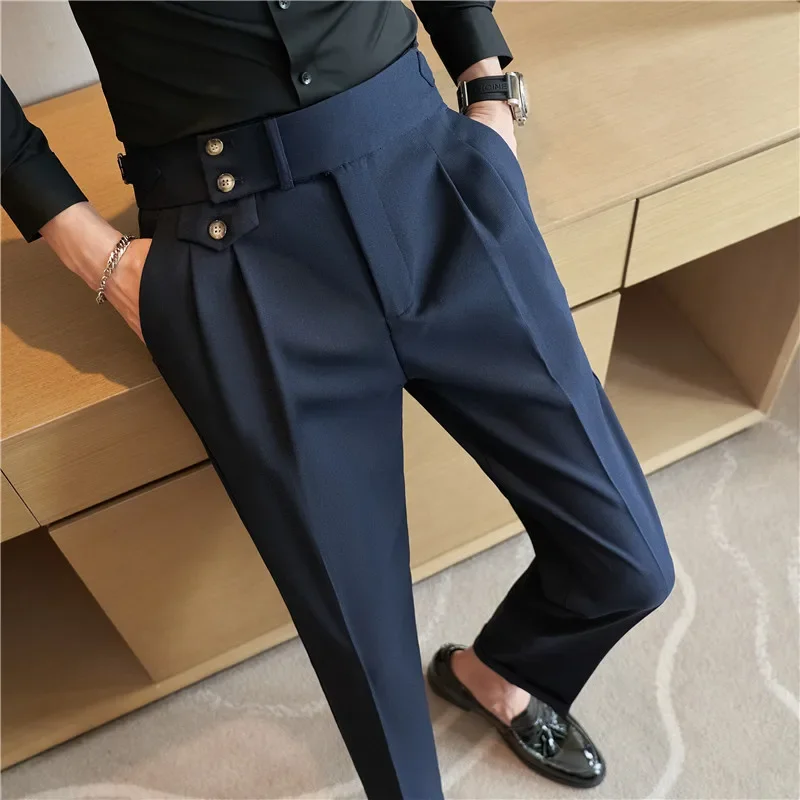 2024 frühling Herbst Männer Hohe Taille Gürtel Design Beiläufige Dünne Formale Kleid Hose Männer Sozialen Büro Hochzeit Party Kleid Anzug Hosen