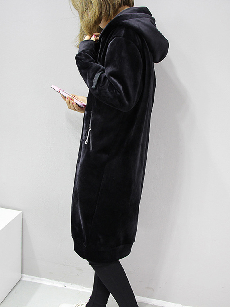 Women's New Medium Long Velvet Zipper Jacket Loose Versatile Cardigan Hoodie Spring Autumn Student Black Thickened Coat Top