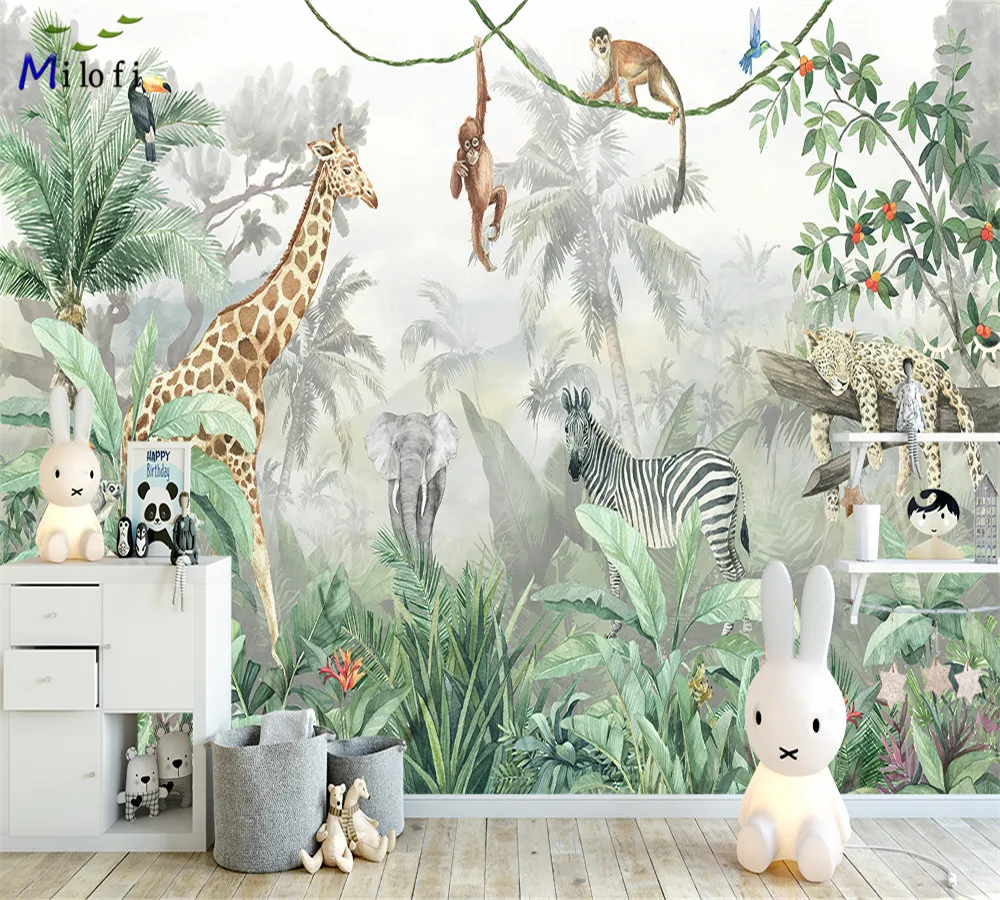 Milofi Custom สีน้ำป่าเนอสเซอรี่3d วอลล์เปเปอร์ผนังภาพจิตรกรรมฝาผนังสำหรับเด็กเนอสเซอรี่3d สัตว์สติกเกอร์วอลล์เปเปอร์ Art Deco