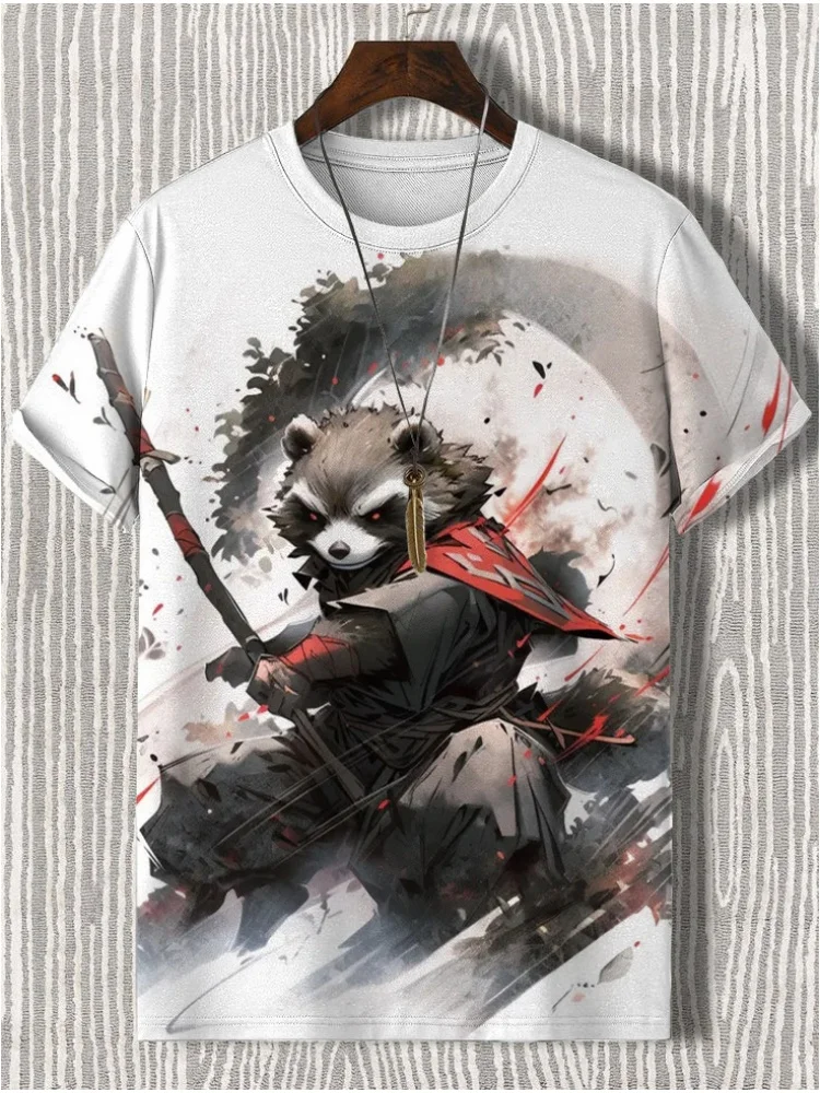メンズ Tシャツ和風サムライ猫グラフィック 3D プリント Tシャツカジュアル半袖 Tシャツ屋外特大男性服トップス