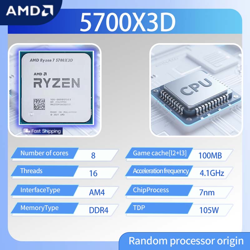 AMD Ryzen 7 5700X3D CPU R7 5700X3D 8-Core 16-Thread 3,0 GHz--4,1 GHz AM4 Sockel CPU Prozessor Gaming Desktop PC CPU